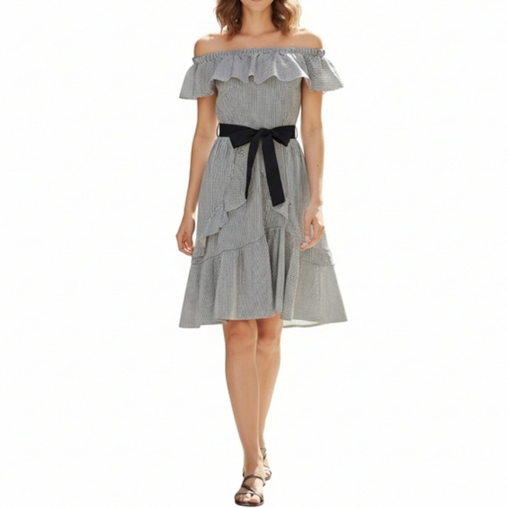 MAJE Off-Shoulder Striped Ruffle Dress with Black Belt accent size 3 (US Large) - Picture 4 of 10